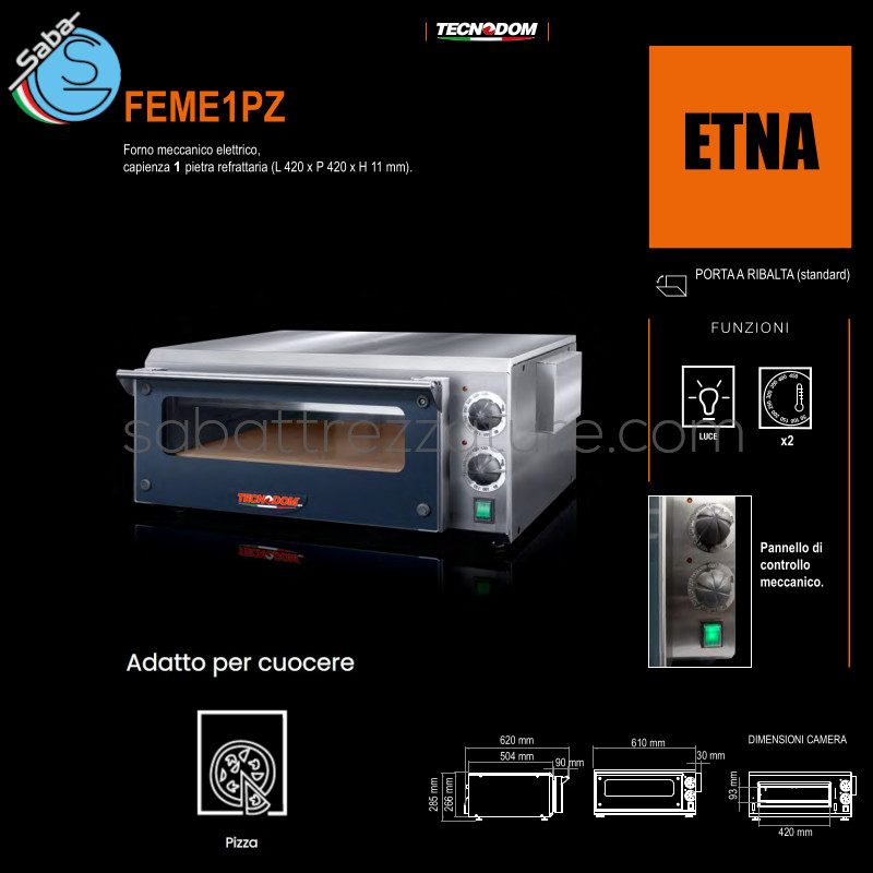 OFFERTA: Forno elettrico meccanico 1 pietra refrattaria, 2 termostati, capienza 1 pizza - Dim. camera (LxPxH) 420 x 420 x 93 mm - Dim. esterne (LxPxH) 610 x 620 x 285 mm - Potenza 2,95 kW - Voltaggio 220/240V 1 50/60Hz - Assorbimento 13 A