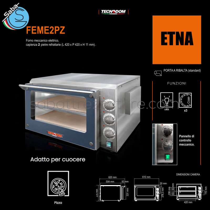 OFFERTA: Forno elettrico meccanico 2 pietre refrattarie, 3 termostati, capienza 2 pizze - Dim. camera (LxPxH) 420 x 420 x 93 (x2) mm - Dim. esterne (LxPxH) 610 x 620 x 395 mm - Potenza 3 kW - Voltaggio 220/240V 1 50/60Hz - Assorbimento 13,5 A