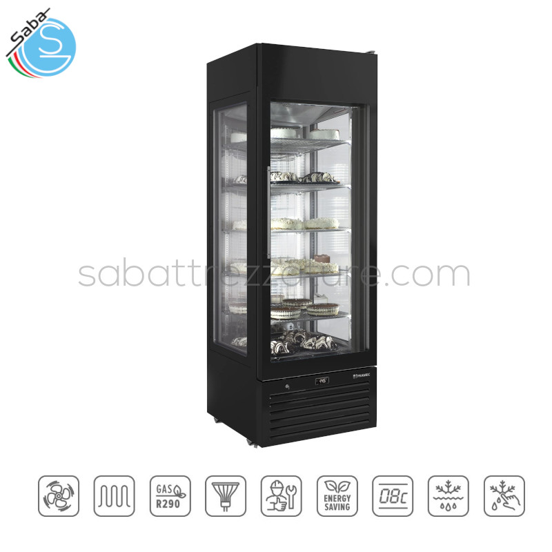 OFFERTA: Vetrina espositiva 3 lati vetrati - Nera - Temp. -2°C +10°C - Gas refrig. R290 - Classe clim. 4 - Dim. 668 x 773 x 2000H mm - Peso netto 142.00 kg - Volume netto 317.00 l - Pot. 370.00 W - Cons. 3.51 kWh/24h - Ripiani 5 rimovibili