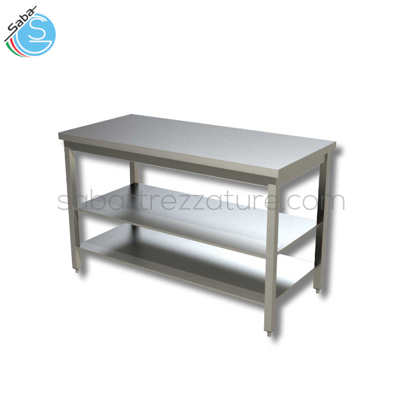 OFFERTA: Tavolo su gambe con n.2 ripiani - Dimensioni 40x60x85 cm - Interamente in Acciaio Inox AISI 304 - Piano di lavoro tamburato e insonorizzato - Peso 16 kg