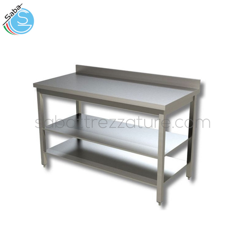 OFFERTA: Tavolo su gambe con n.2 ripiani e alzatina - Dimensioni 190x70x85 cm - Interamente in Acciaio Inox AISI 304 - Piano di lavoro tamburato e insonorizzato - Peso 62 kg