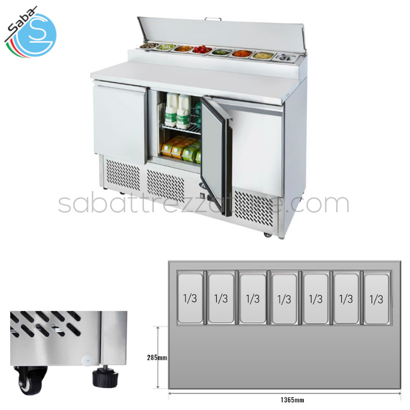 OFFERTA: Saladette 3 ante con portacondimenti 7 x GN1/3 - Piano di lavoro mm 285 in acciaio INOX - Dim mm LxPxA 1365x700x947 - Capacità L 380 - Temp. -2°C/+8°C - Potenza W 310