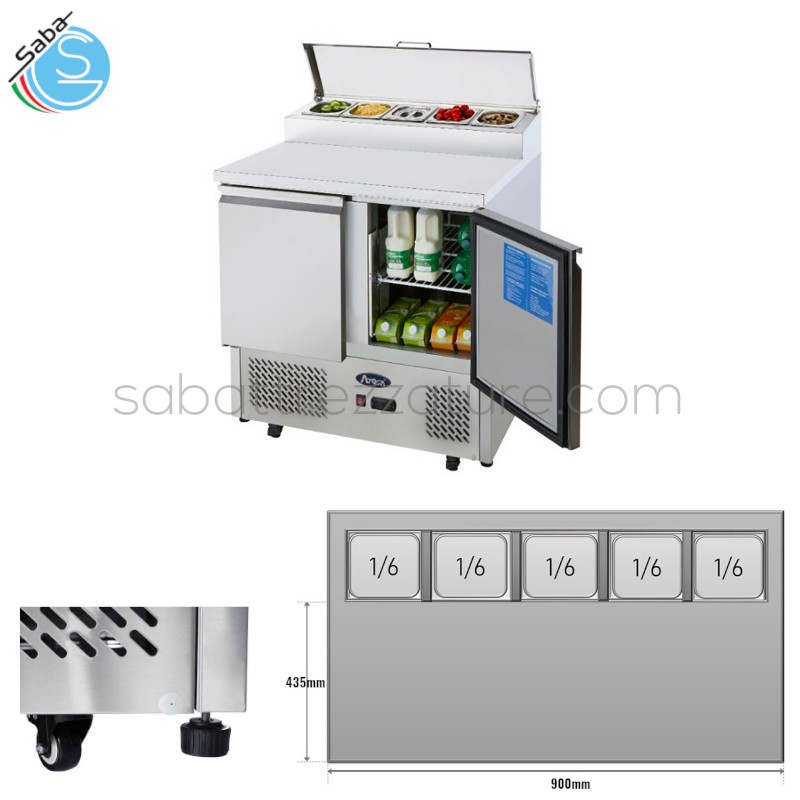 OFFERTA: Saladette 2 ante con portacondimenti 5 x GN1/6 - Piano di lavoro mm 435 in acciaio INOX - Dim. mm LxPxA 900x700x947 - Capacità L 300 - Temp. -2°C/+8°C - Potenza W 310