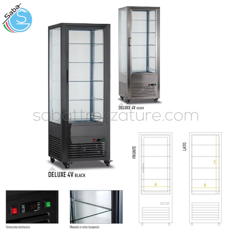 OFFERTA: Vetrina/Frigo pasticceria 4 lati vetro no frost ventilato positivo - Temp. +2 °C / +10 °C - Vol. Netto Lt. 440 - Sup. Est. specchiato nero / silver - Mensole in vetro temperato LxP N. 5 mm 580x454  - Dim. Est. LxPxH mm 675x695x1900 - Alim. monofase