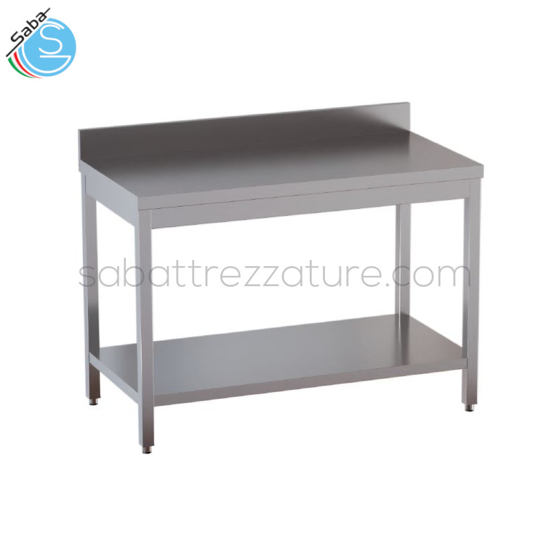 OFFERTA: Tavolo aperto su gambe in tubo quadro con n.1 ripiano inferiore e top con alzatina posteriore - Dimensioni esterne: cm 200x70x85H - Peso netto: kg 61