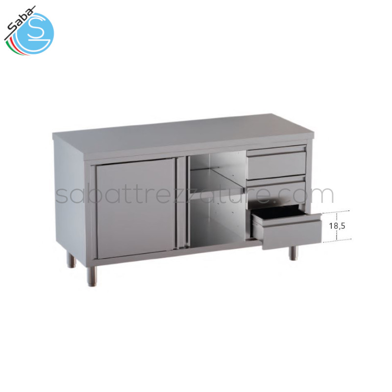 OFFERTA: Tavolo armadiato in acciaio inox 18/10 AISI 304 - Top senza alzatina posteriore - n.2 porte scorrevoli - N.3 cassetti verticali a destra - Dimensioni esterne cm 180 x 70 x 85H - Peso kg 115