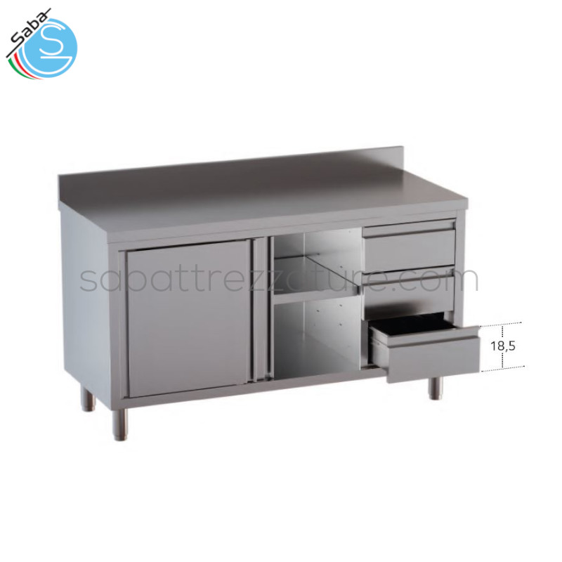 OFFERTA: Tavolo armadiato in acciaio inox 18/10 AISI 304 - Top con alzatina posteriore - n.2 porte scorrevoli - N.3 cassetti verticali a destra - Dimensioni esterne cm 180 x 70 x 85H - Peso kg 119