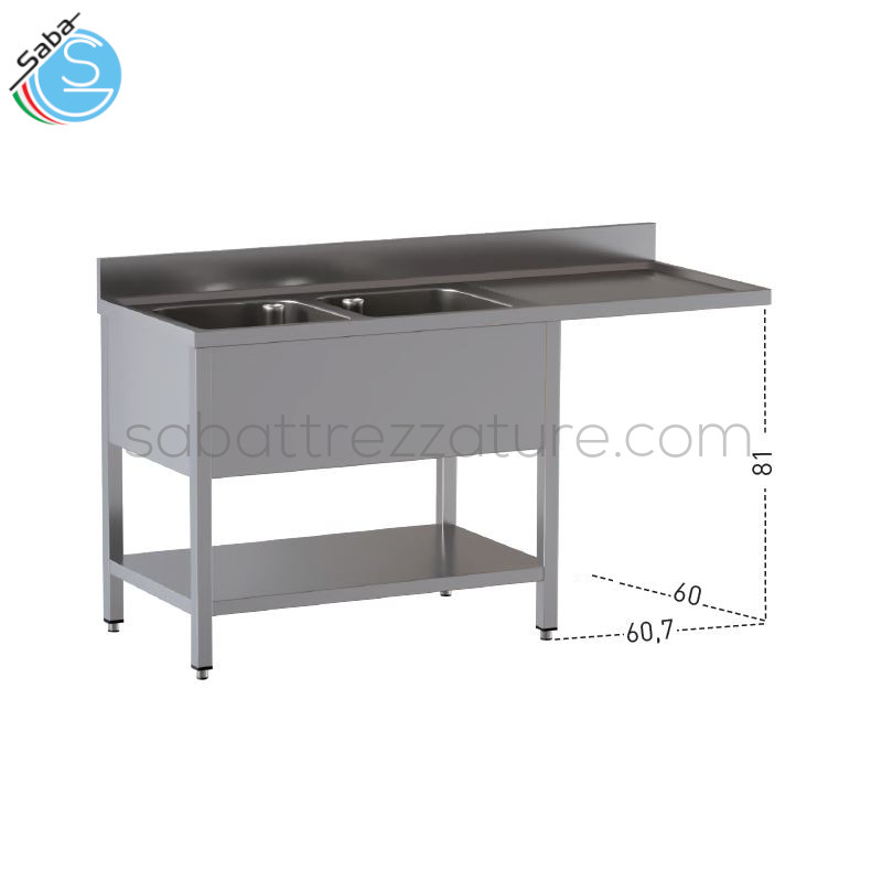 OFFERTA: Lavello in acciaio inox 18/10 AISI 304 aperto su gambe in tubo quadro con piedini e ripiano inferiore, n.2 vasche a sinistra, n.1 gocciolatoio a destra con sottostante vano lavastoviglie - Dimensioni esterne cm 180x60x85H - Peso 42 kg