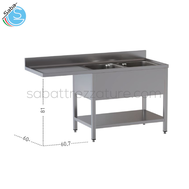 OFFERTA: Lavello in acciaio inox 18/10 AISI 304 aperto su gambe in tubo quadro con piedini e ripiano inferiore, n.2 vasche a destra, n.1 gocciolatoio a sinistra con sottostante vano lavastoviglie - Dimensioni esterne cm 180x60x85H - Peso 42 kg