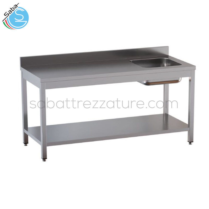 OFFERTA: Tavolo chef vasca a destra in acciaio inox 18/10 AISI 304 su gambe in tubo quadro con piedini incassati - Top con alzatina posteriore - Dimensioni 140x60x85H cm - Dimensioni vasca 40x40x20H cm - Peso 39 kg