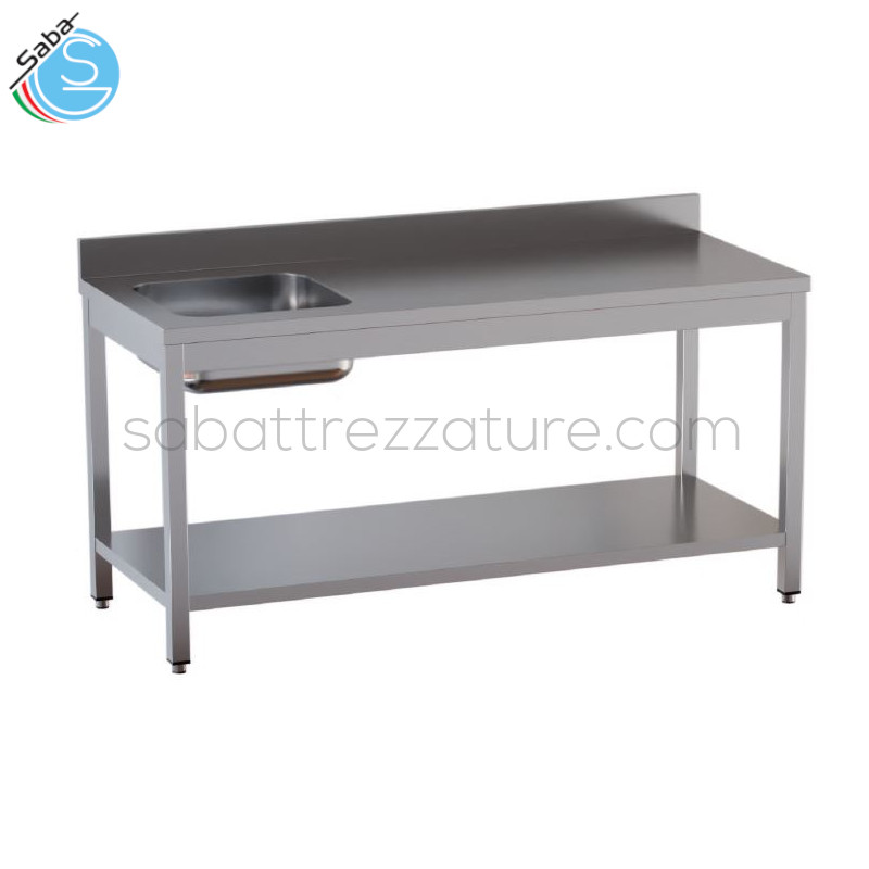 OFFERTA: Tavolo chef vasca a sinistra in acciaio inox 18/10 AISI 304 su gambe in tubo quadro con piedini incassati - Top con alzatina posteriore - Dimensioni 140x80x85H cm - Dimensioni vasca 40x40x20H cm - Peso 49 kg