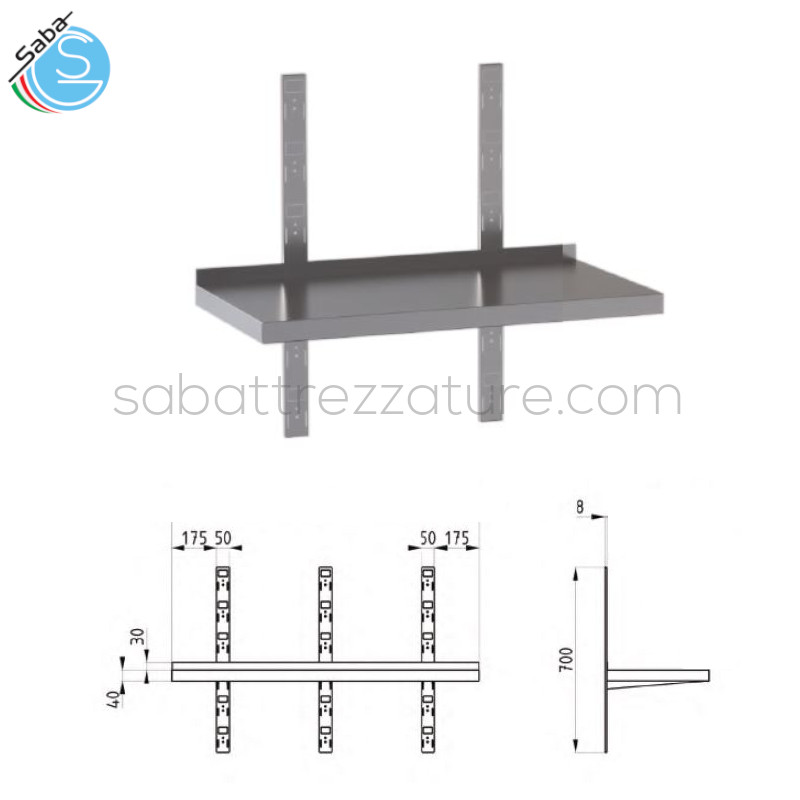 OFFERTA: Mensola in acciaio inox AISI 304 a parete professionale liscia - Dimensioni 80x30x4H cm - Peso 2 kg - Dotata di 2 cremagliere posteriori che consentono una buona capacità di carico