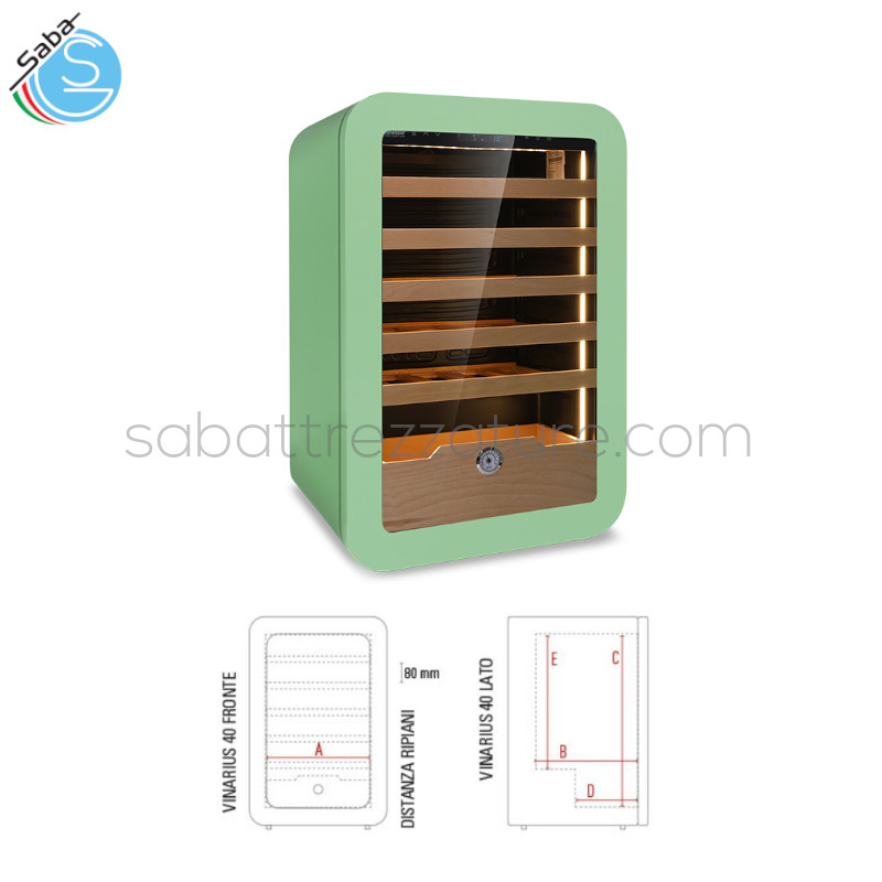 OFFERTA: Frigo vini ventilato +2 °C / +20 °C VINARIUS 40 GRN - Dim. est. LxPxH 540x550x830 mm - Capac. 36 bott. da 75 cl - Mensole in legno ad estrazione a carrello N.5 mm 435x430 / N.1 cassetto mm 390x280x150 - Peso Kg 43,5 - Alim. Monofase - Assorb. W 75