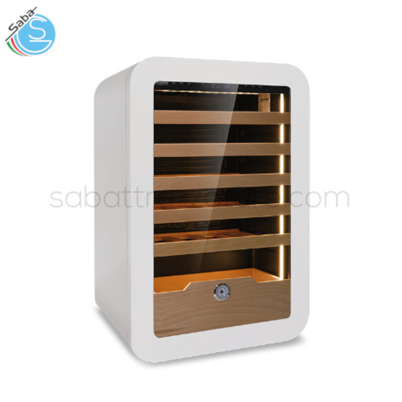 OFFERTA: Frigo vini ventilato +2 °C / +20 °C VINARIUS 40 WHT - Dim. est. LxPxH 540x550x830 mm - Capac. 36 bott. da 75 cl - Mensole in legno ad estrazione a carrello N.5 mm 435x430 / N.1 cassetto mm 390x280x150 - Peso Kg 43,5 - Alim. Monofase - Assorb. W 75