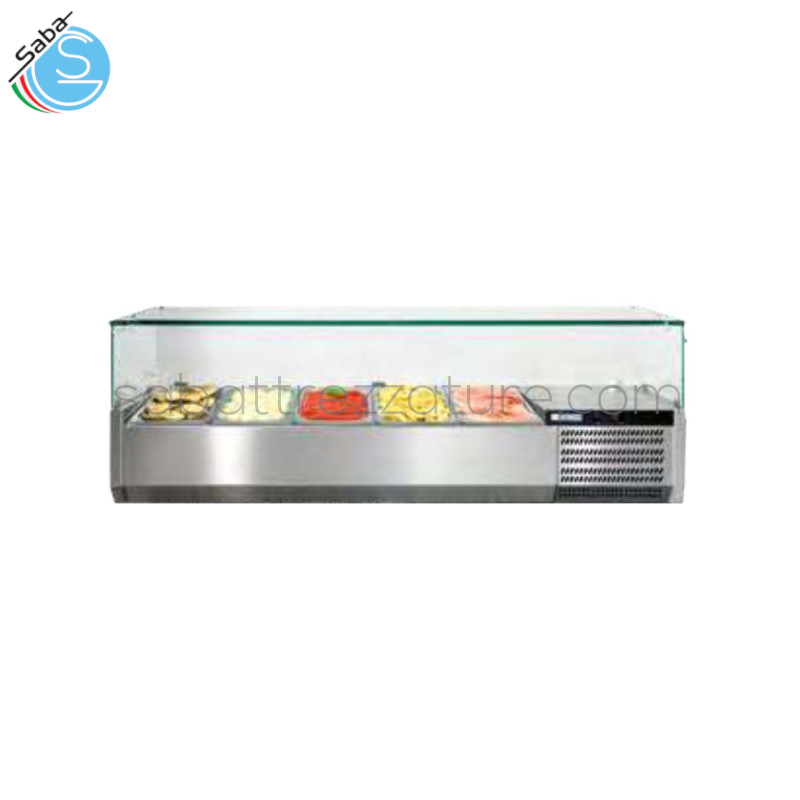 OFFERTA: Vetrina refrigerata porta ingredienti in acciaio inox AISI 304 + struttura vetro - N° vaschette 5 GN1/3 - Range +2/+7°C - Dimensioni mm 1300 X 395 X 425 - Alimentazione Monofase - Peso Netto kg 51