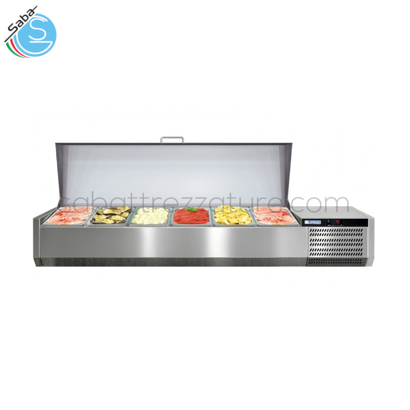 OFFERTA: Refrigeratore a vaschette da appoggio in acciaio inox AISI 304 per condimenti e farciture - Range +2/+7°C - Dimensioni mm 1450 X 395 X 250 - N° vaschette 6 GN1/3 - Assorbimento W 247 - Alimentazione Monofase