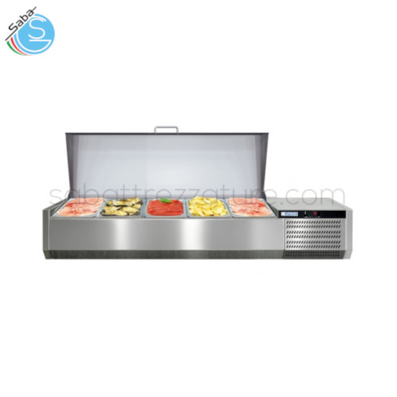 OFFERTA: Refrigeratore a vaschette da appoggio in acciaio inox AISI 304 per condimenti e farciture - Range +2/+7°C - Dimensioni mm 1260 X 395 X 250 - N° vaschette 5 GN1/3 - Assorbimento W 247 - Alimentazione Monofase