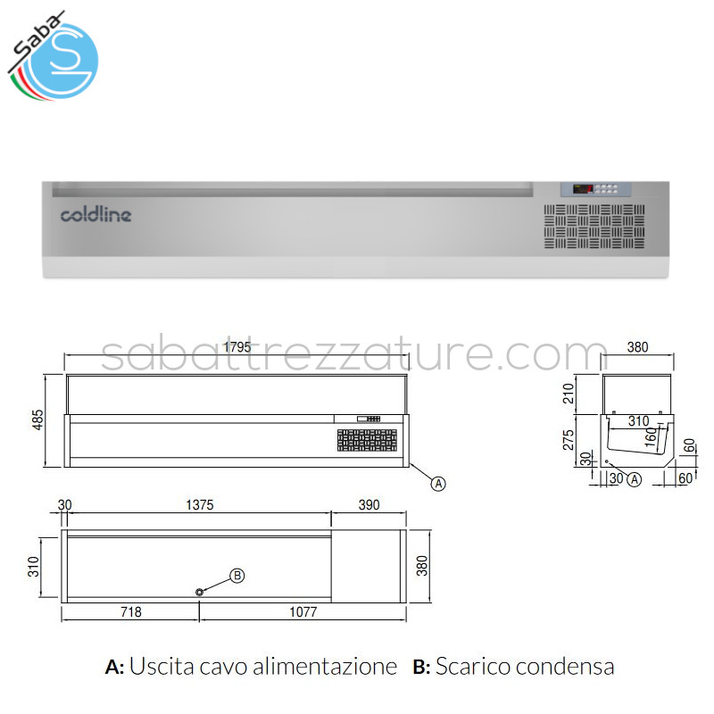 OFFERTA: Vetrina porta ingredienti 1795 mm GN1/3 +2°+10°C senza vetri plug-in - Capacità lorda 68 lt  - Dimensioni 1795×380×275 mm - Alimentazione 220-240 V 50 Hz - Potenza assorbita 250 W - Corrente assorbita 1,15 A