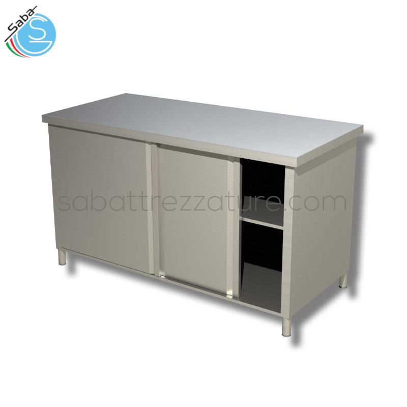 OFFERTA: Tavolo armadiato in acciaio INOX AISI 304, 200Lx80Px85H, con 1 ripiano intermedio e 2 porte scorrevoli con sportelli tamburati e removibili.