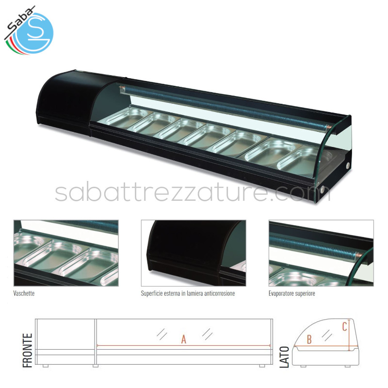 OFFERTA: Espositore soprabanco per sushi SH 180 - Illuminazione 1 Led orizzontale - Vaschette Gastronorm GN (incluse) N° 7 GN1/3 - Temp. 0 °C / +6 °C - Dim. (LxPxH) 1800 x 415 x 300 mm - Peso Kg 61 - Alim. monofase - Assorb. W 230