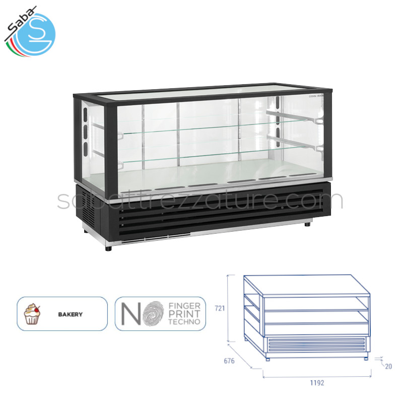 OFFERTA: Vetrina refrig. da banco con vetro dritto e struttura nera - Luce interna LED - Doppio vetro anti condensa - Sportelli post. scorrev. - Due ripiani regolabili in vetro - Range temp. +2°C +10°C - Dim. 1192x676x721H mm - Peso 148 Kg - Alim. Monofase