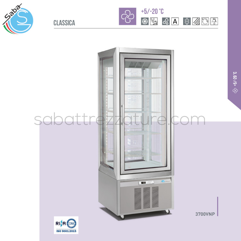 OFFERTA: Vetrina frig. verticale 3700VNP +5 / -20°C - Refrig. Ventilata - Capac. (lt) 420 - Dim. (cm) 70 x 65 x 190 - Peso (kg) 175 - Colore Argento - Griglia cromata regolabile 53x45 (x5) - Ill. Led (2 barre led) - Teletermostato digitale - Alim. Monofase