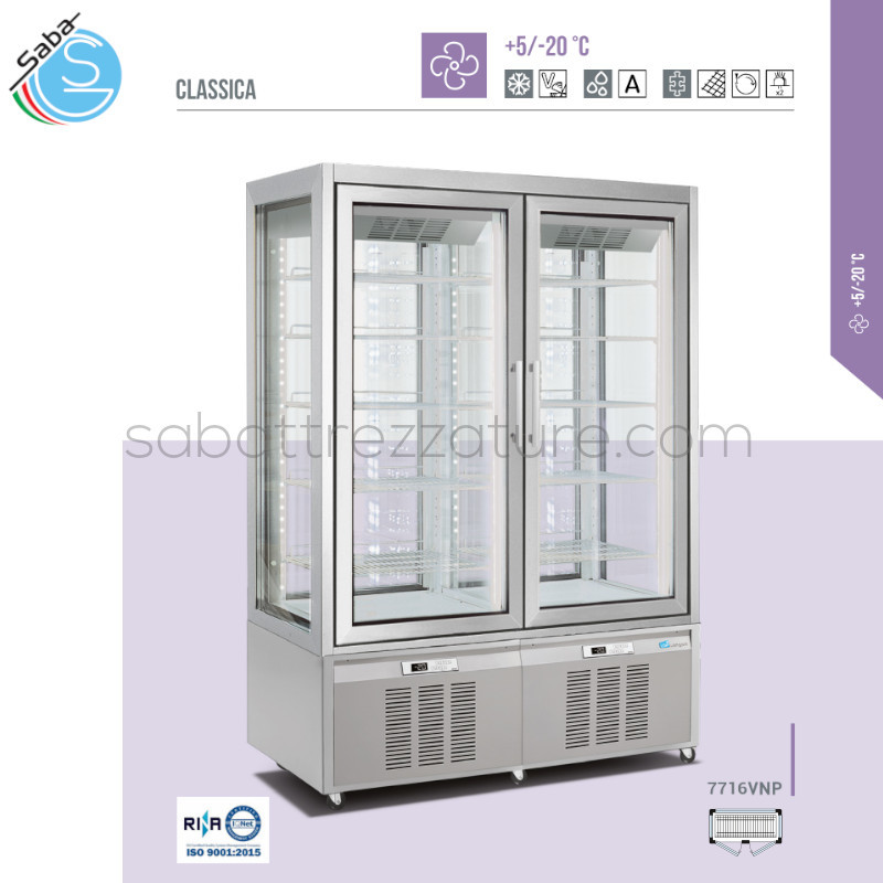 OFFERTA: Vetrina frigorifera verticale 7716VNP +5 / -20°C - Refrig. Ventilata - Capac. (lt) 850 - Dim. (cm) 132 x 65 x 190 - Peso (kg) 270 - Colore Argento - Griglia cromata regolabile 114x44 (x5) - Ill. Led (2 barre led) su ogni lato (x2) - Alim. Monofase