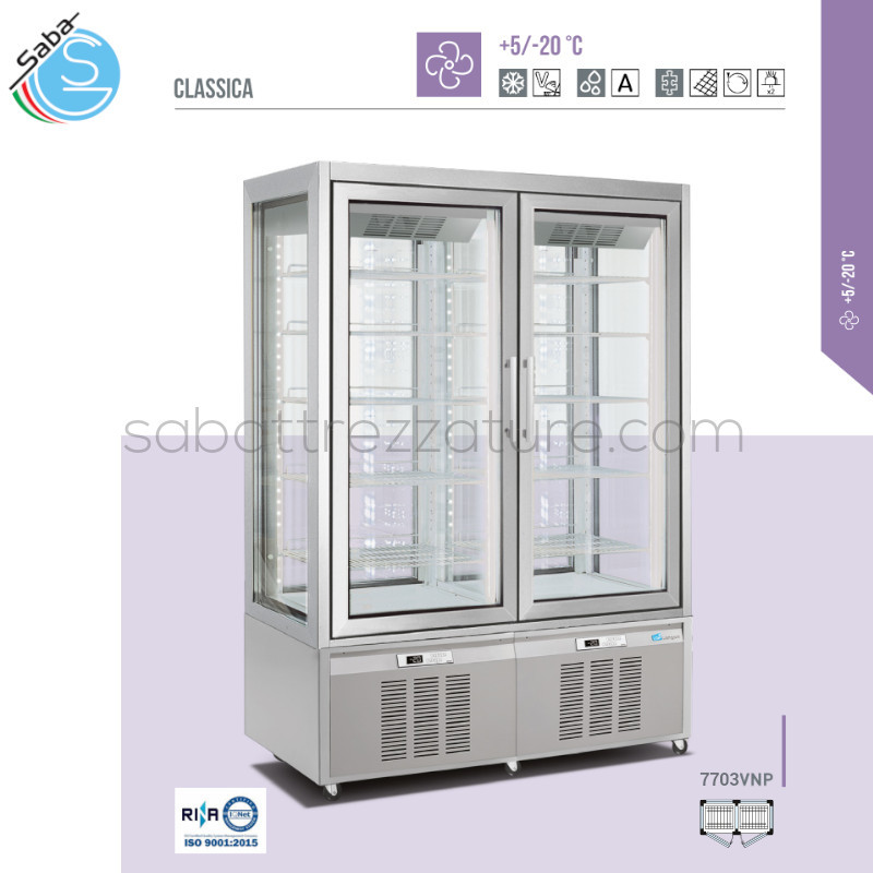 OFFERTA: Vetrina frigorifera verticale 7703VNP +5 / -20°C - Refrig. Ventilata - Sbrinam. Automatico - Capac. lt 840 - Dim. cm 132 x 65 x 190 - Peso kg 308 - Colore Argento - Griglia cromata regol. 53x45 (x5) x2 - Ill. Led (2 barre led) x2 - Alim. Monofase