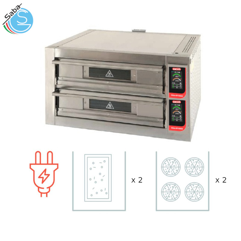 OFFERTA: FORNO PER PIZZA CITIZEN EP 4+4 / MC TOUCH - Dim. est. 99x104x59 cm - Dim. int. 70x70x12 cm - Temp. max 400 °C - Nr pizze Ø 33 cm : 4 + 4 - Nr teglie 40x60 cm : 1 + 1 - Peso 150 kg - Pot. MAX kW 5,6 + 5,6 - Pot. MED. kW 2,9 + 2,9 - Trifase