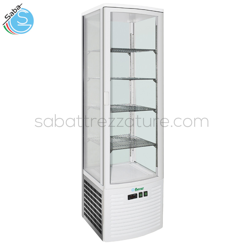 OFFERTA: VETRINA REFRIGERATA ESPOSITIVA 4 LATI VENTILATA G-LSC280 - Colore Bianco - Temp. di lavoro +2°C/+8°C - Dim. est. 515 x 485 x 2035(h) mm - Capacità 280 L - Tipo di gas refrig. R290 - Assorb. W 260 - Monofase - Classe energ. C - Peso Kg 107