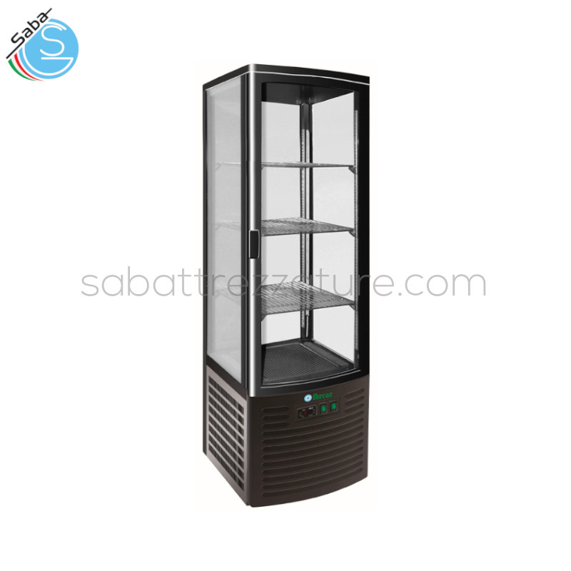 OFFERTA: VETRINA REFRIGERATA ESPOSITIVA 4 LATI VENTILATA G-LSC235B - Colore Nero - Temp. di lavoro +2°C/+8°C - Dim. est. 515 x 485 x 1695(h) mm - Capacità 235 L - Tipo di gas refrig. R290 - Assorb. W 260 - Monofase - Classe energ. C - Peso Kg 96