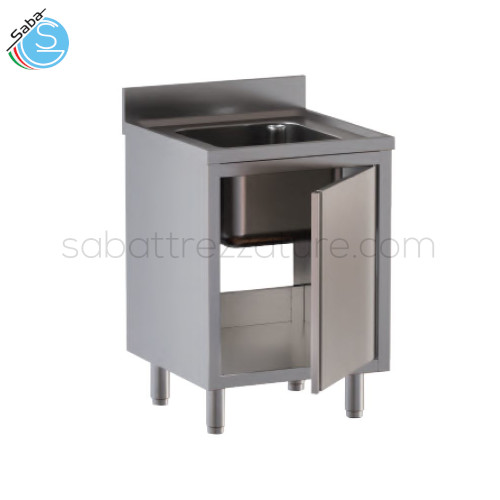 Lavello armadiato cm 60x60x85h in acciaio inox 18/10 AISI 304 con alzatina posteriore, con porta battente senza gocciolatoio, con una vasca rettangolare da cm 40x40x30h - Peso kg 34