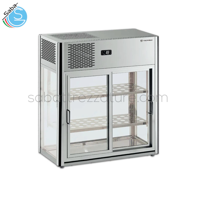 OFFERTA: Vetrina da appoggio interamente trasparente LINUS 150 TECFRIGO - Dim. 800x438x934H mm - Struttura in acciaio inox + alluminio lucido - Vetri dritti - 2 Scorrevoli - 2 Mensole - Temp. +4/+10 °C - Refrig. ventilata - Illum. LED di serie