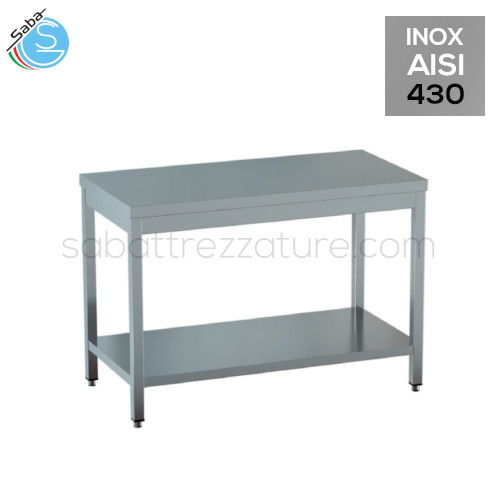 Tavolo aperto in acciaio inox AISI 430 su gambe in tubo quadro (con piedini incassati con altezza regolabile) con un ripiano inferiore e top senza alzatina posteriore - Dimensioni esterne: 40x60x85h cm - Peso: kg 13