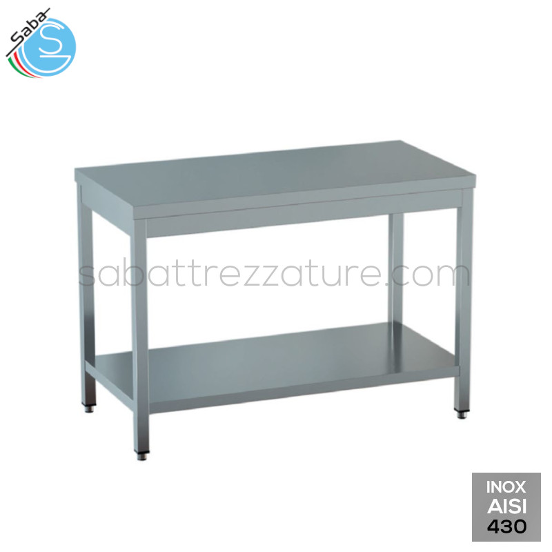 OFFERTA: Tavolo aperto in acciaio inox AISI 430 su gambe in tubo quadro (con piedini incassati con altezza regolabile) con un ripiano inferiore e top senza alzatina posteriore - Dimensioni esterne: 40x60x85h cm - Peso: kg 13