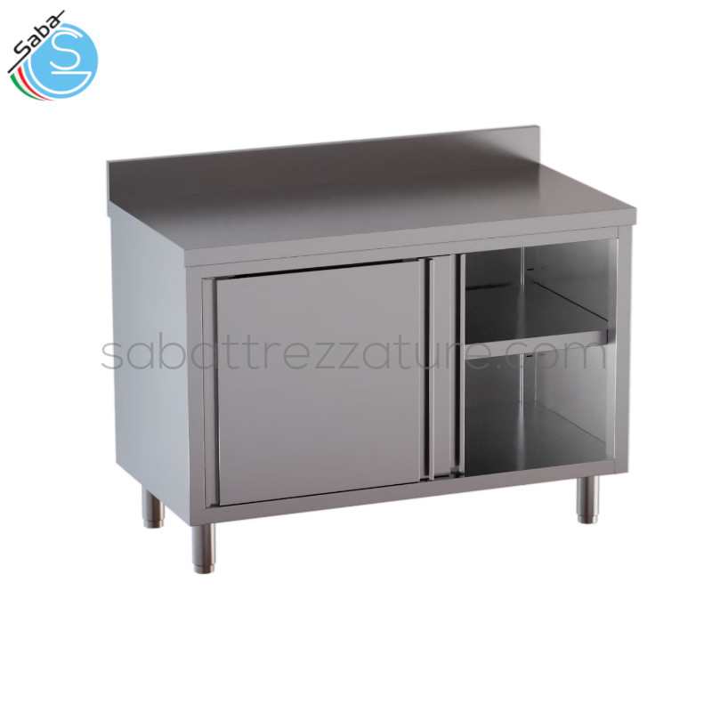 OFFERTA: Tavolo - dimensioni (cm) 150 x 70 x 85(H) - armadiato in acciaio INOX AISI 304 con finitura Scotch Brite 18/10 con 1 ripiano intermedio, porte scorrevoli e alzatina.