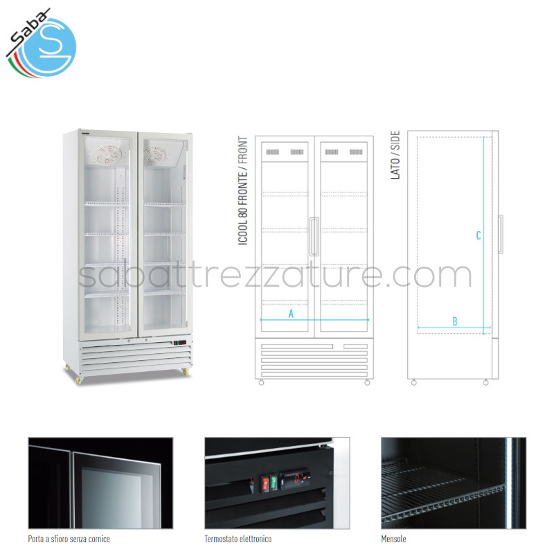 OFFERTA: Frigo bibite ventilato doppia porta battente vetro - Colore bianco - Dim. esterne LxPxH 940x615x2023 - Temperatura 0 °C / +10 °C - Volume netto Lt. 505 - Mensole LxP N° 8 mm 410 x 467 - Alim. monofase - Consumo Energia KwH/24H 3,02