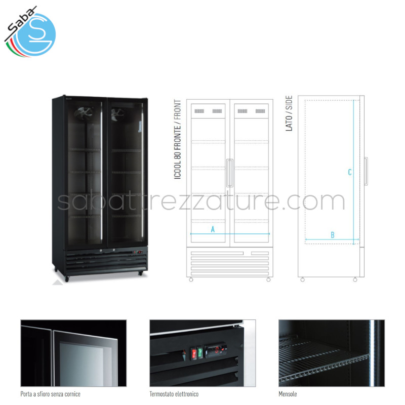 OFFERTA: Frigo bibite ventilato doppia porta battente vetro - Colore nero - Dim. esterne LxPxH 940x615x2023 - Temperatura 0 °C / +10 °C - Volume netto Lt. 505 - Mensole LxP N° 8 mm 410 x 467 - Alim. monofase - Consumo Energia KwH/24H 3,02