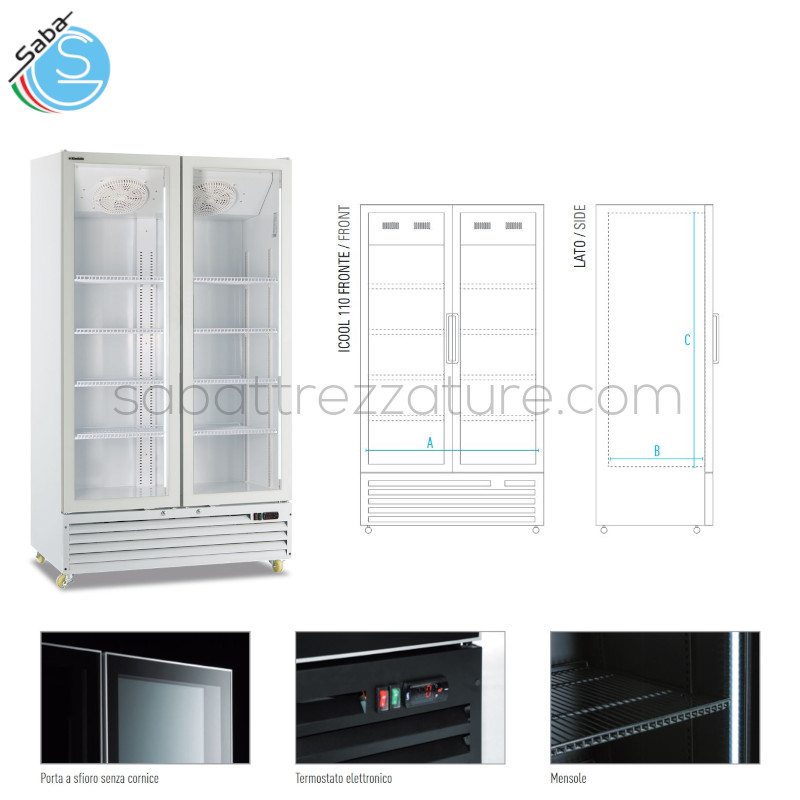 OFFERTA: Frigo bibite ventilato doppia porta battente vetro - Colore bianco - Dim. esterne LxPxH 1130x720x2023 - Temperatura 0 °C / +10 °C - Volume netto Lt. 758 - Mensole LxP N° 8 mm 505 x 552 - Alim. monofase - Consumo Energia KwH/24H 3,22