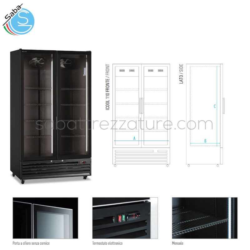 OFFERTA: Frigo bibite ventilato doppia porta battente vetro - Colore nero - Dim. esterne LxPxH 1130x720x2023 - Temperatura 0 °C / +10 °C - Volume netto Lt. 758 - Mensole LxP N° 8 mm 505 x 552 - Alim. monofase - Consumo Energia KwH/24H 3,22