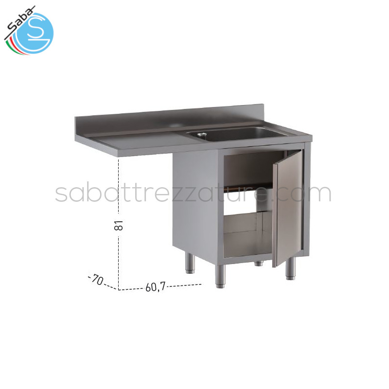 OFFERTA: Lavatoio in acciaio inox 18/10 AISI 304 su armadio con porta battente con vano lavastoviglie - N.1 vasca a destra 50 x 50 x 30H cm - DIMENSIONI 120 x 70 x 85H cm - PESO kg 56