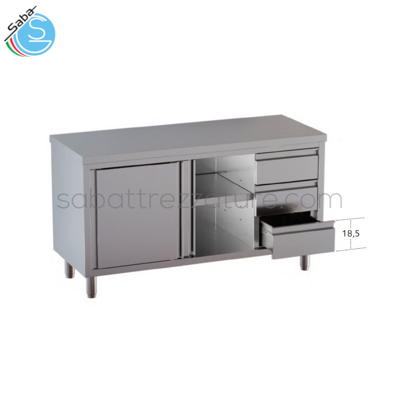 OFFERTA: Tavolo armadiato in acciaio INOX AISI 304 con finitura Scotch Brite 18/10, ripiano intermedio, porte scorrevoli e 3 cassetti DX - Dimensioni: 160 x 70 x 85H cm - Peso netto: 106 kg