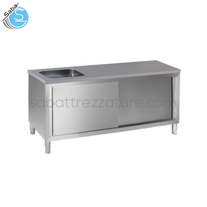 OFFERTA: Tavolo chef armadiato vasca a sinistra in acciaio inox 18/10 AISI 304 - Dimensioni 200x70x85H cm - Dimensioni vasca 40x40x20H cm