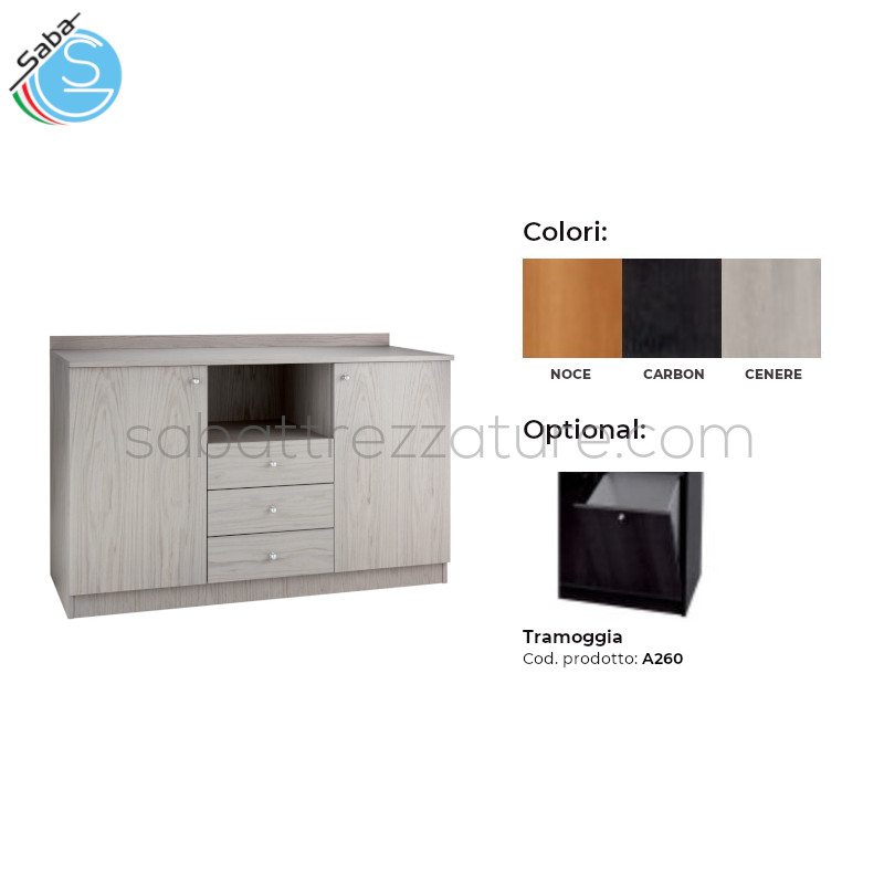 OFFERTA: Mobile di servizio in legno triplo basso ML3204SS - Colori CARBON, CENERE, NOCE - Dimensione cm 136 x 48 x 95h - 2 Sportelli - 3 Cassetti - 1 Vano interno - Ruote multidirezionali