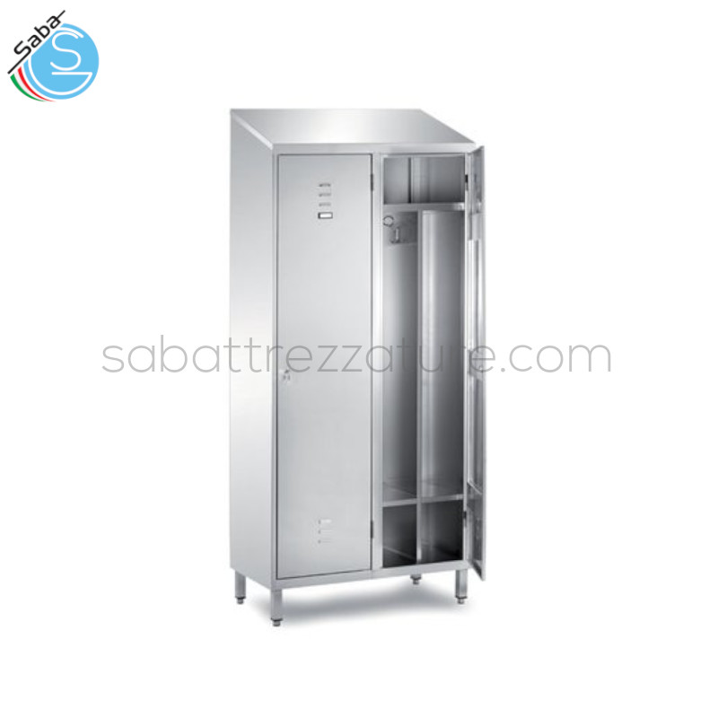 OFFERTA: Armadio spogliatoio in Acciaio Inox AISI 304 2 posti, 2 ante battente con serratura, tetto inclinato, cm 95x50x216H.