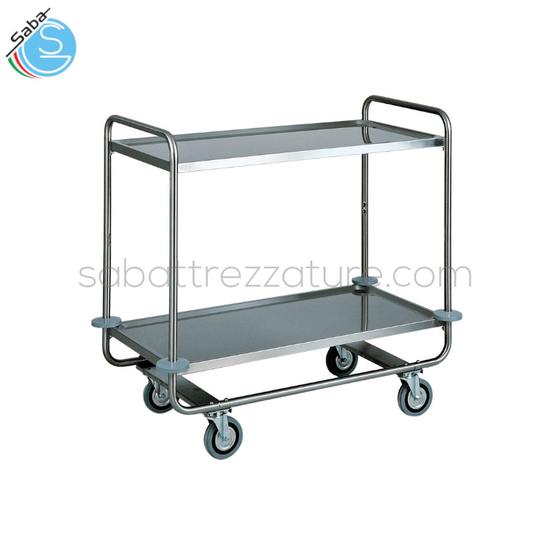 OFFERTA: Carrello di servizio in acciaio inox AISI 304 - Dimensioni 110 x 60 x 100(H) cm - Struttura tubolare tonda ø 25 mm - 2 Ripiani - Carico massimo 150 kg - Paracolpi in gomma - Ruote multidirezionali ø 125 mm