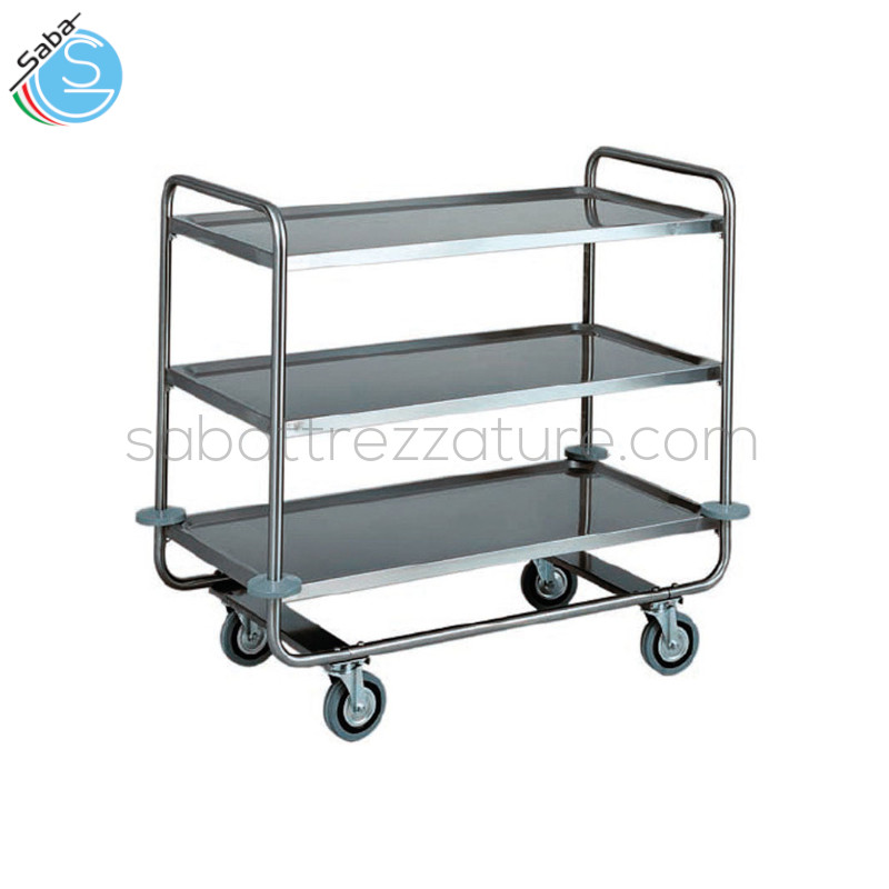 OFFERTA: Carrello di servizio in acciaio inox AISI 304 - Dimensioni 110 x 60 x 100(H) cm - Struttura tubolare tonda ø 25 mm - 3 Ripiani - Carico massimo 150 kg - Paracolpi in gomma - Ruote multidirezionali ø 125 mm