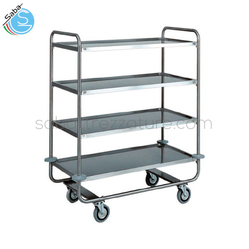 OFFERTA: Carrello di servizio in acciaio inox AISI 304 - Dimensioni 110 x 60 x 130(H) cm - Struttura tubolare tonda ø 25 mm - 4 Ripiani - Carico massimo 150 kg - Paracolpi in gomma - Ruote multidirezionali ø 125 mm