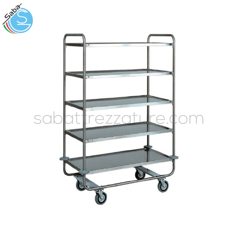 OFFERTA: Carrello di servizio in acciaio inox AISI 304 - Dimensioni 110 x 60 x 130(H) cm - Struttura tubolare tonda ø 25 mm - 5 Ripiani - Carico massimo 150 kg - Paracolpi in gomma - Ruote multidirezionali ø 125 mm