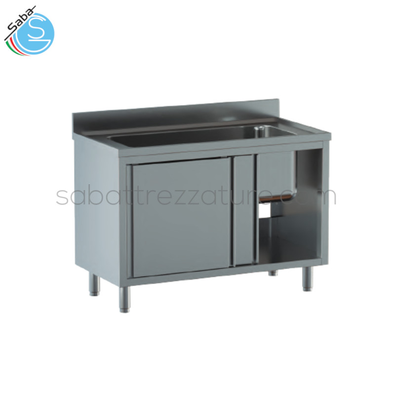 OFFERTA: Lavello in acciaio INOX AISI 304 con finitura Scotch Brite 18/10 su armadio con porte scorrevoli - Dimensioni lavello: 120Lx60Px85H cm - Dimensione vasca: 95Lx40Px30H cm